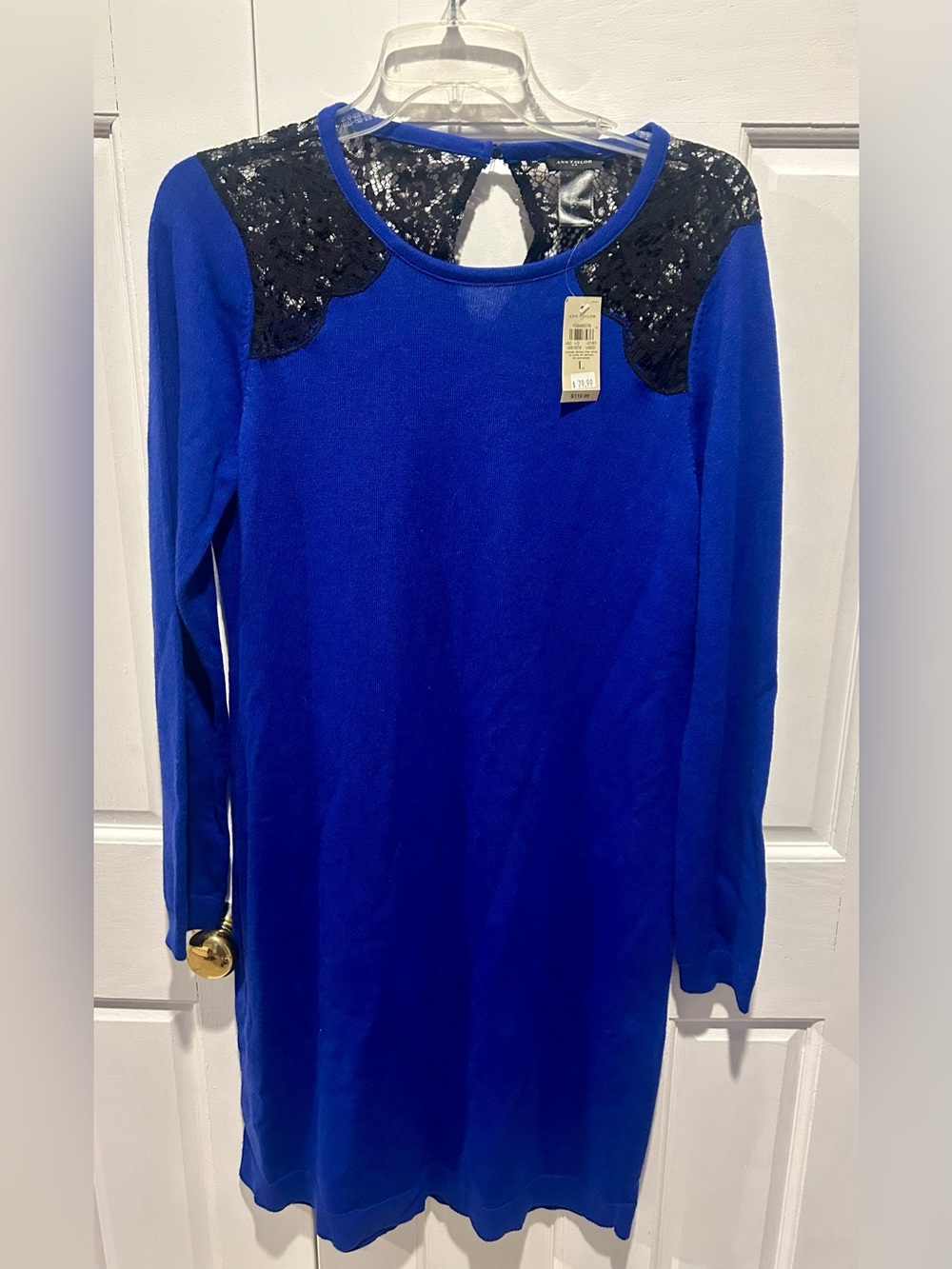 Ann Taylor Royal Blue Sweater Dress with Black Lace Yoke
